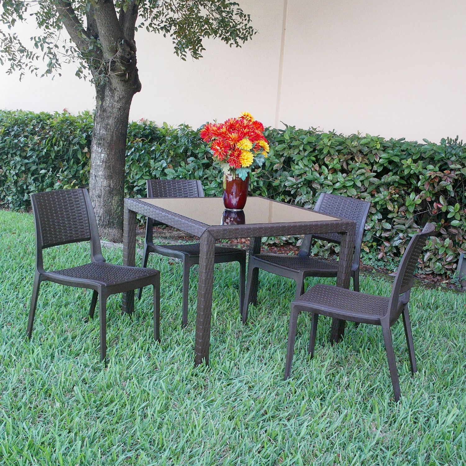 Miami Wickerlook Resin Patio Dining Set 5 Piece Rattan Gray with Side Chairs ISP992S-DG - 1